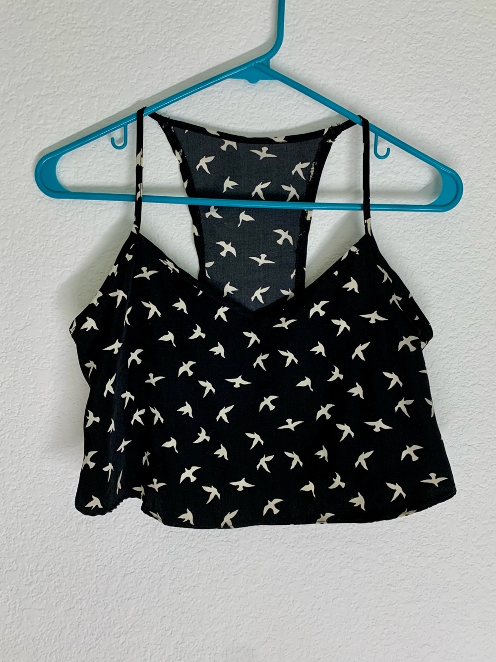 Black Bird-Print Cropped Tank Top